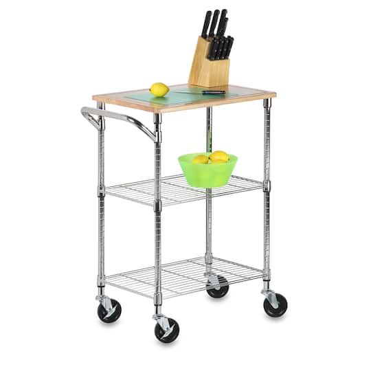 Honey Can Do Chrome &#x26; Wood Rolling Kitchen Cart with Cutting Board